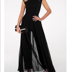 Round Neck High Waist Chiffon Black Jumpsuit